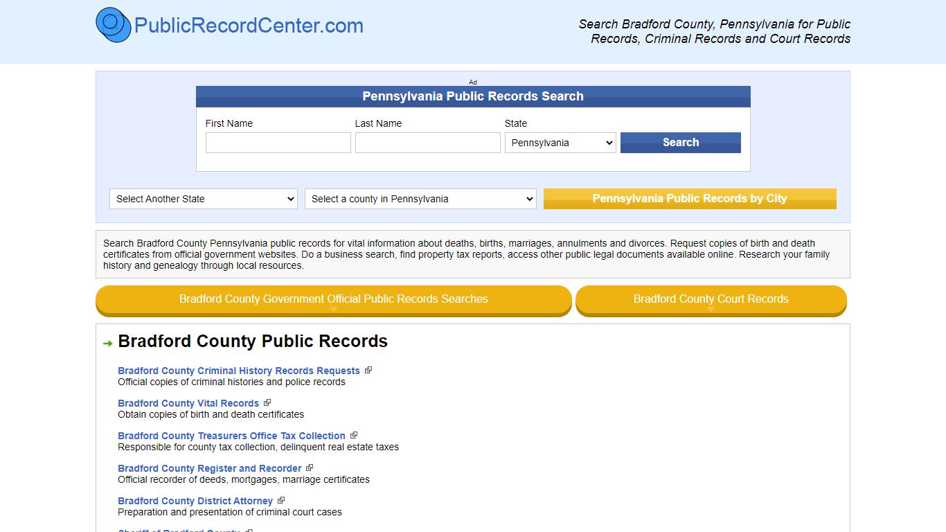 Bradford County Pennsylvania Free Public Records - Court ...